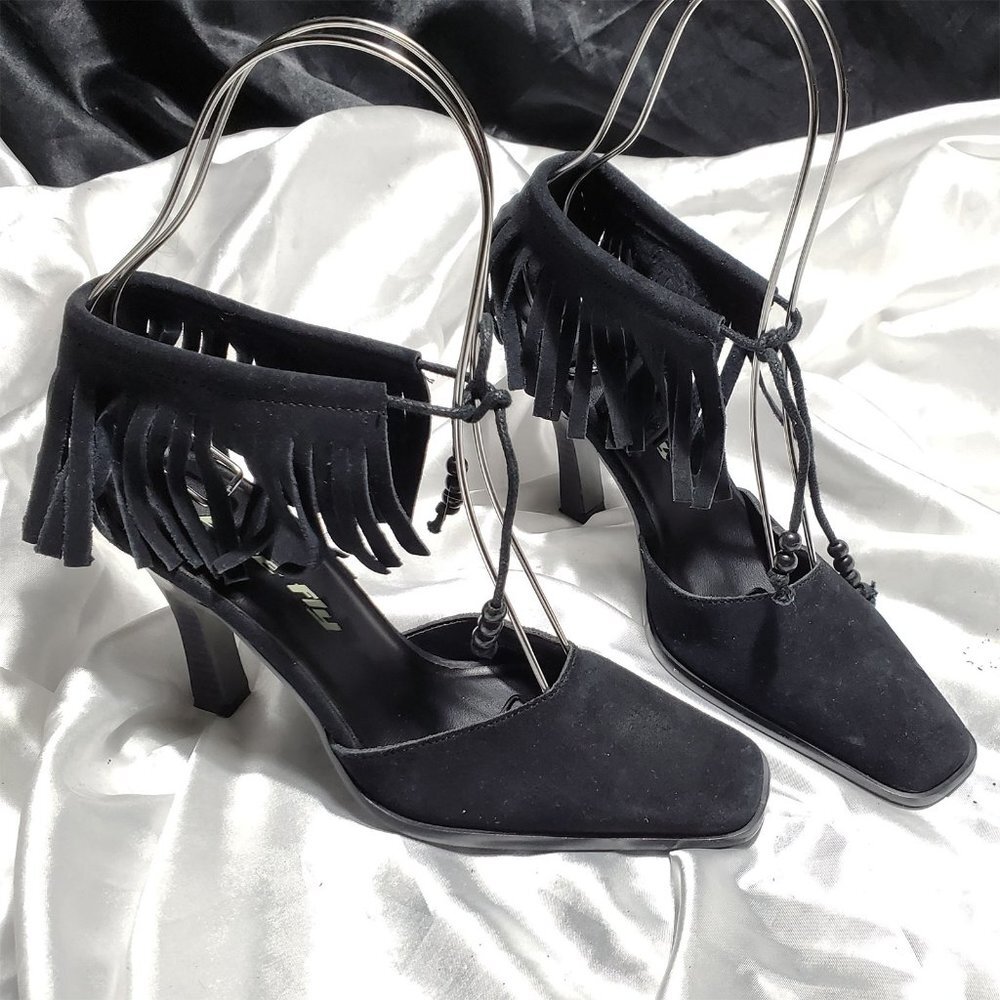 NEW BEE FLY black suede fringe ankle strap square toe heels TOKYO SZ 6